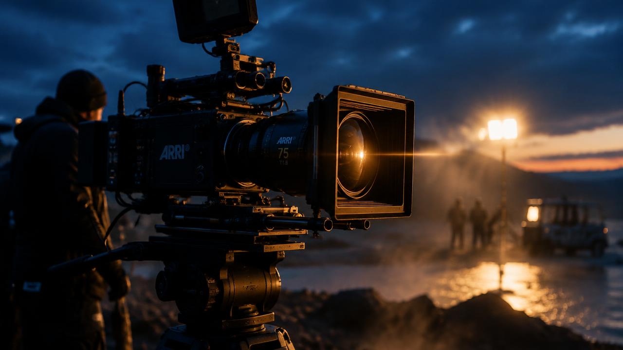 Cinema camera on a film set at dusk with golden light