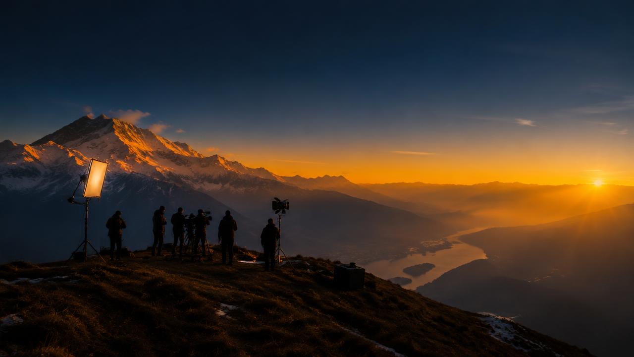 Film crew on a mountain ridge at golden hour